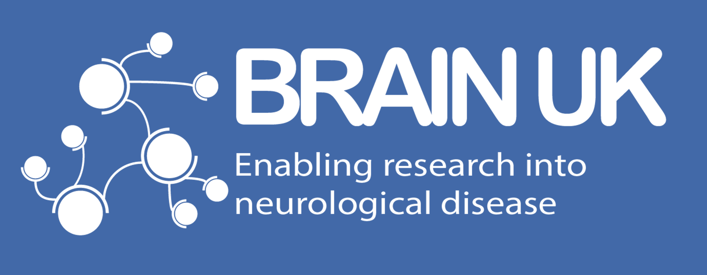 Logo of BRAIN UK, featuring interconnected white circles on a blue background to the left, with the text 'BRAIN UK' and the tagline 'Enabling research into neurological disease' next to it.